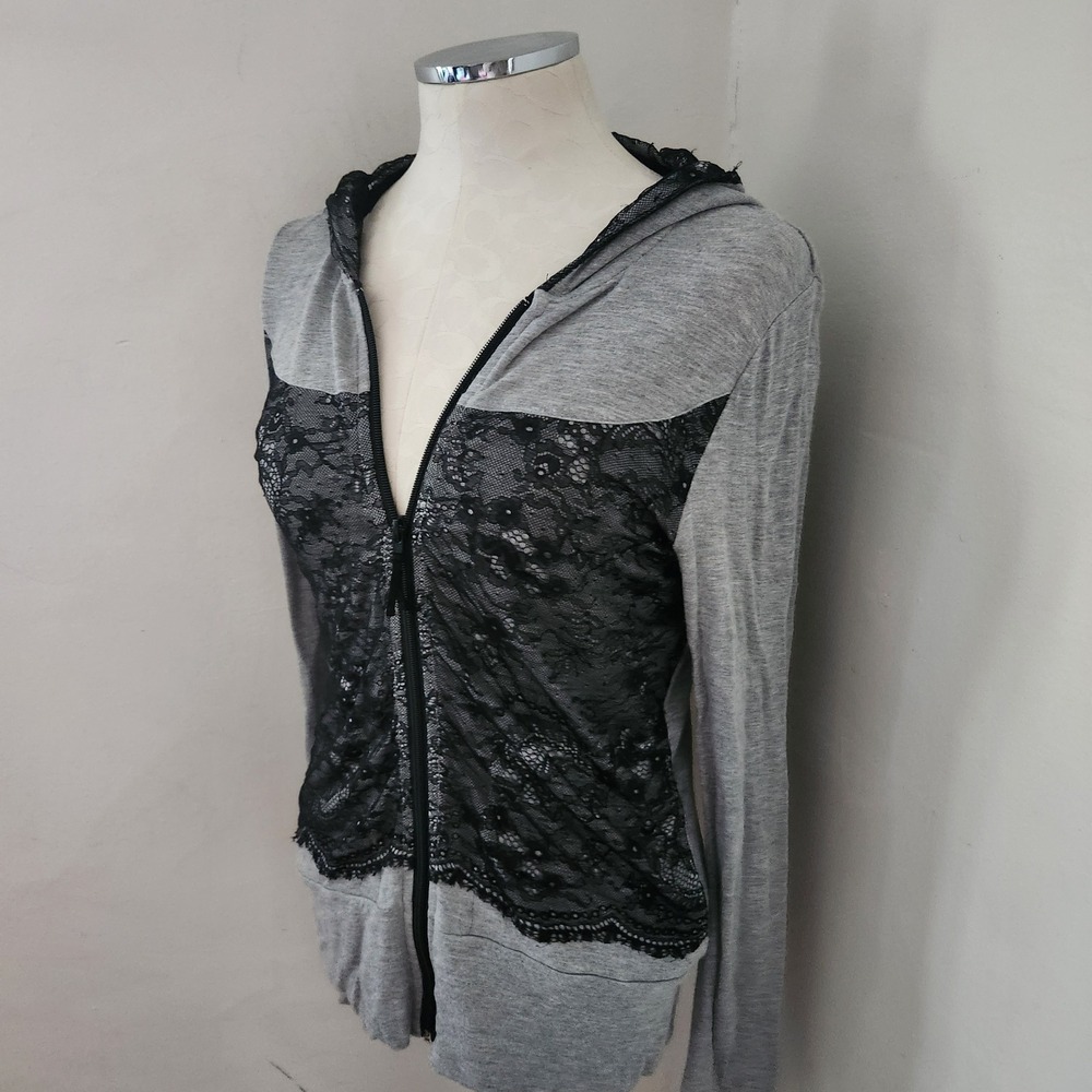 Evy's Tree Grey Lace Front Zip Up Hoodie Sweatshirt ETARS14 Womens Medium - Picture 5 of 5